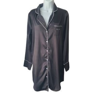 Priv X Brunette The Label Black Satin Nightgown Nightshirt Button Up Sz Small